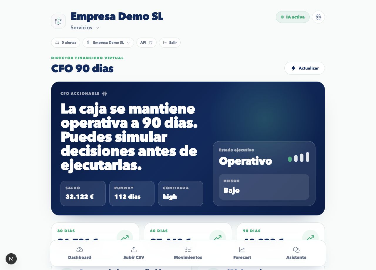 Vista del CFO 90 dias con estado operativo, saldo, runway y riesgo bajo